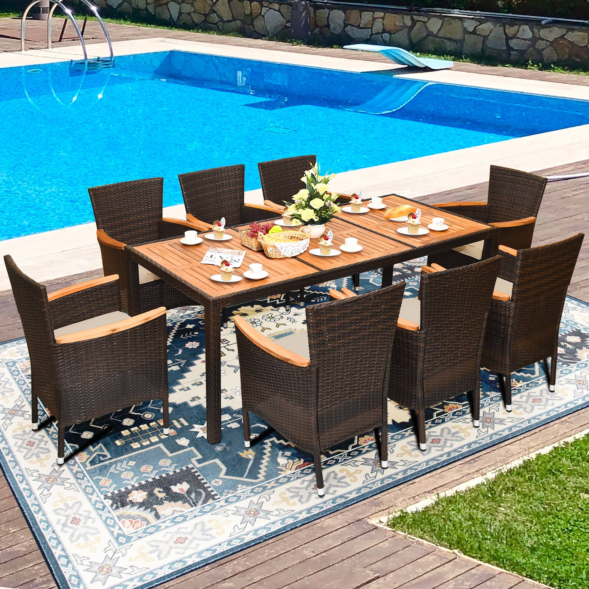 Front. Gymax - Gymax 9PCS Rattan Patio Dining Set w/ 8 Stackable Cushioned Chairs Wooden Tabletop - Brown.