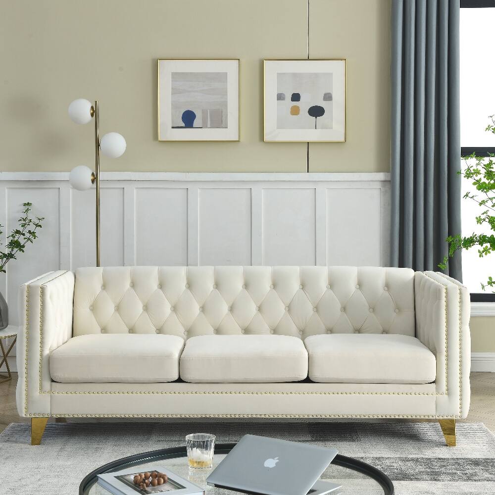 Back. Loheer - Loheer Beige Velvet Sofa, 3-Seat Chesterfield Couch with Button Tufted Square Arms and Metal Legs for Modern Living Room - Beige.