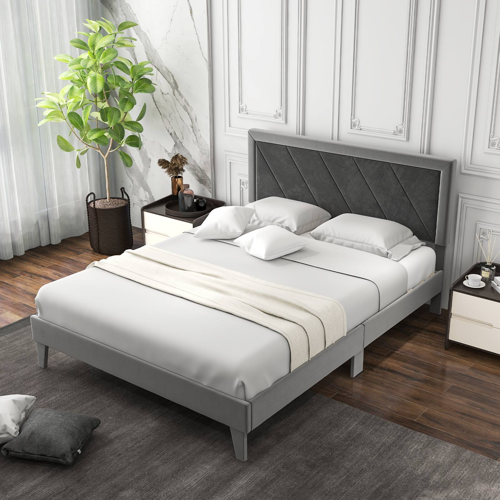 Angle. LUCKY ONE - Queen Assembled Platform Bed with High Velvet Headboard Wooden Slats 1763 lbs - Gray & Black-Queen.