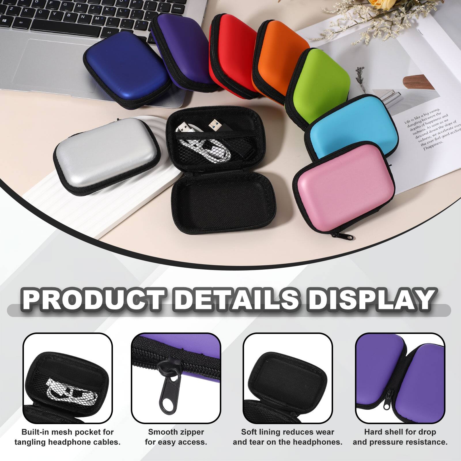 PRODUCT DETAILS DISPLAY

- Built-in mesh pocket for tangling headphone cables.
- Smooth zipper for easy access.
- Soft lining reduces wear and tear on the headphones.
- Hard shell for drop and pressure resistance.