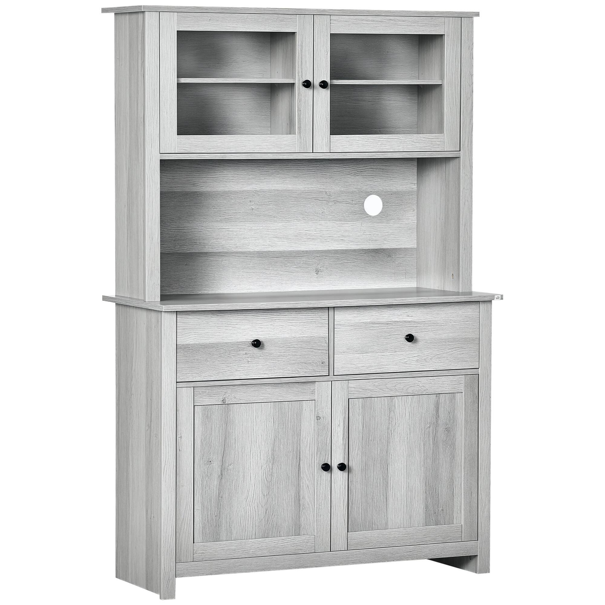 Homcom - 63.5" Kitchen Buffet, Pantry Storage Cabinet with 4 Shelves, Drawers, Framed Glass Doors, Open Microwave Countertop - Ash Grey