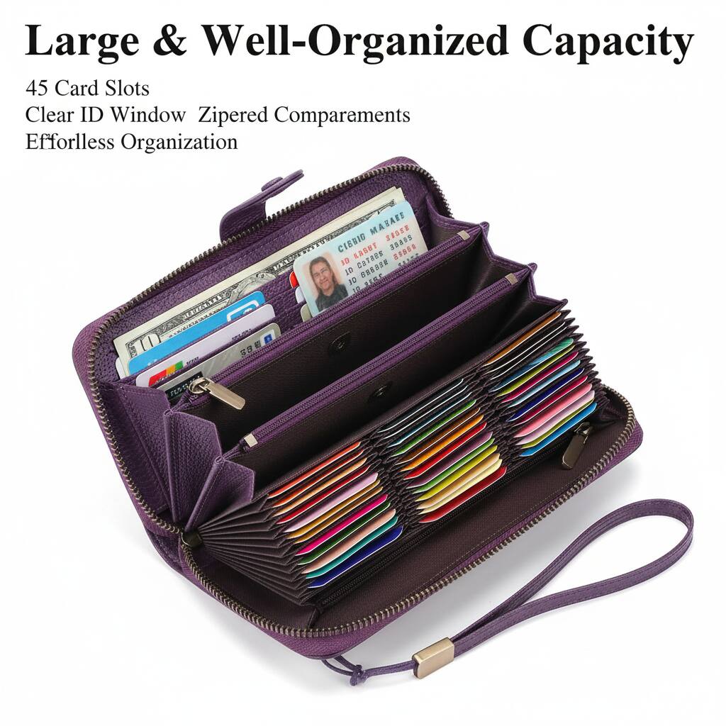 Large & Well-Organized Capacity  
45 Card Slots  
Clear ID Window  
Zippered Compartments  
Effortless Organization