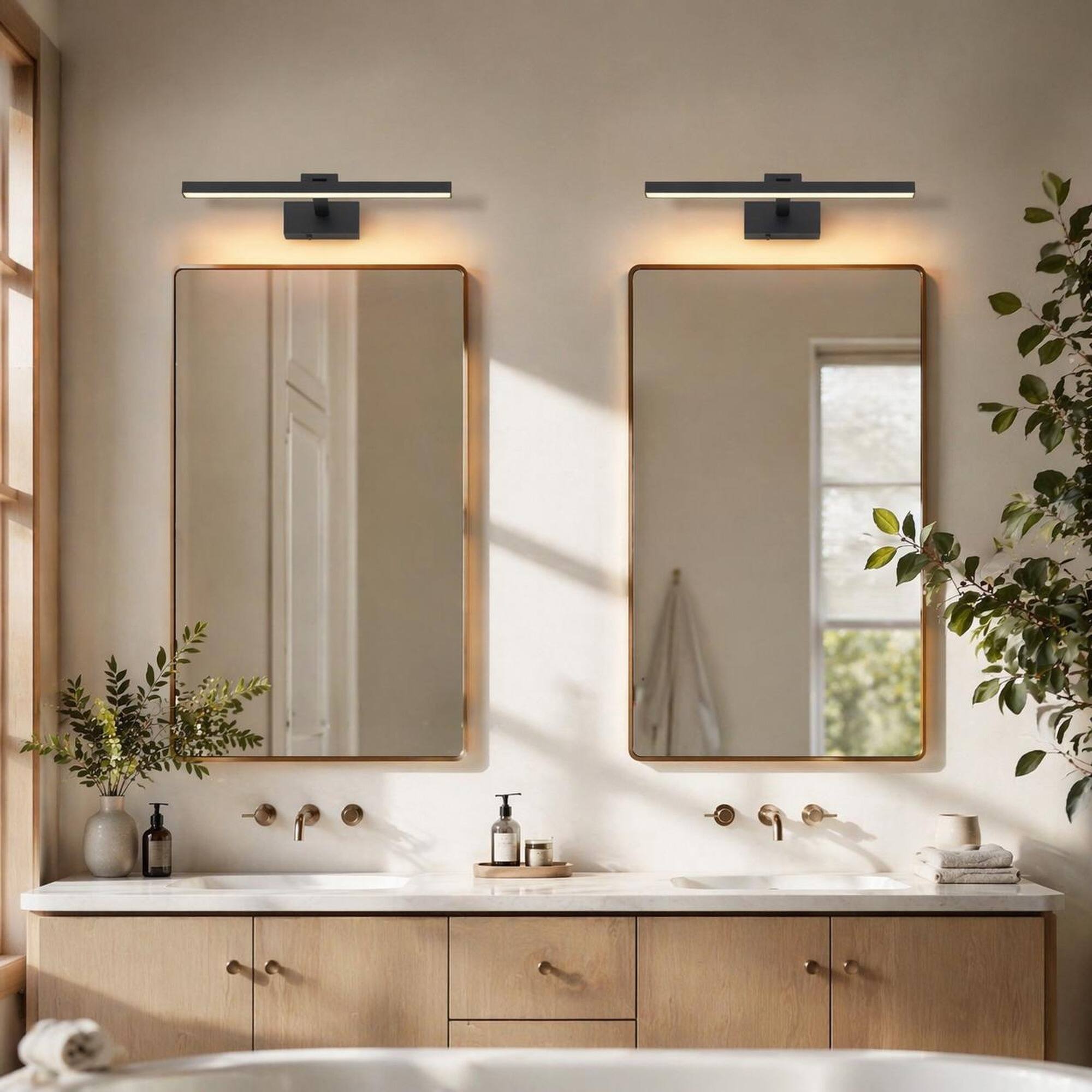 Angle. RYHNUYNE - 16-Inch Black LED Vanity Light for Bathroom Mirror with Remote Dimmable 3-Color Settings.