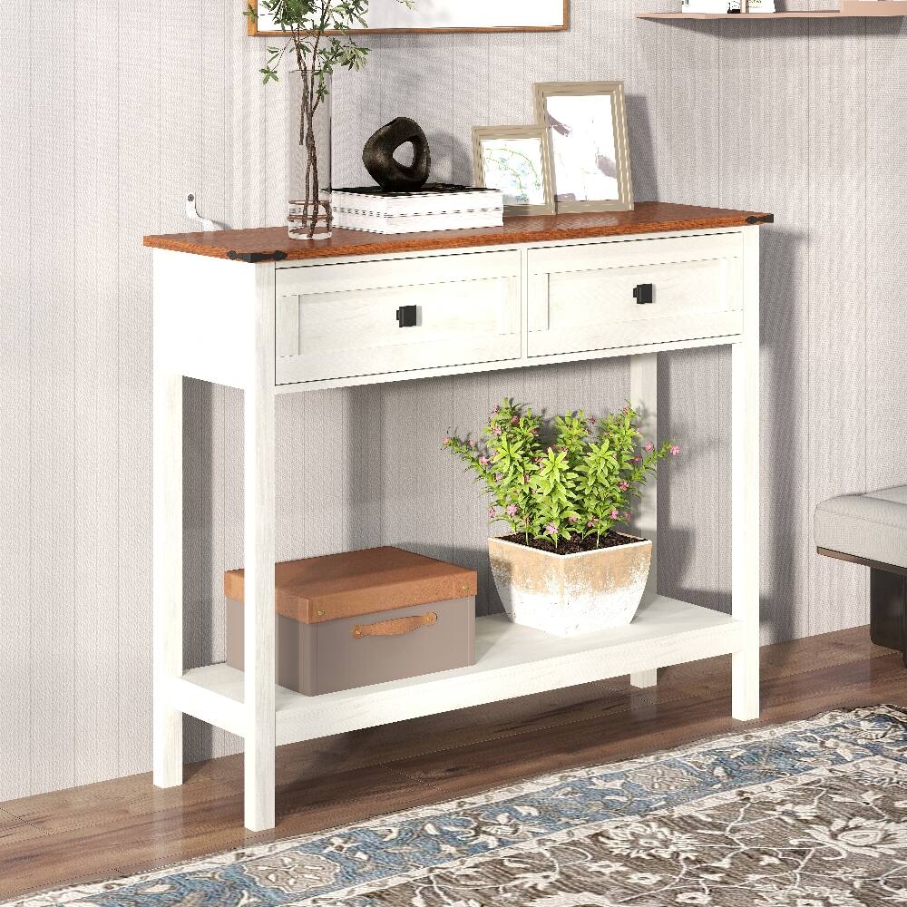 Back. Loheer - Loheer Farmhouse Console Table with Drawers Antique White Entryway Table Rustic Sofa Table - Antique White.