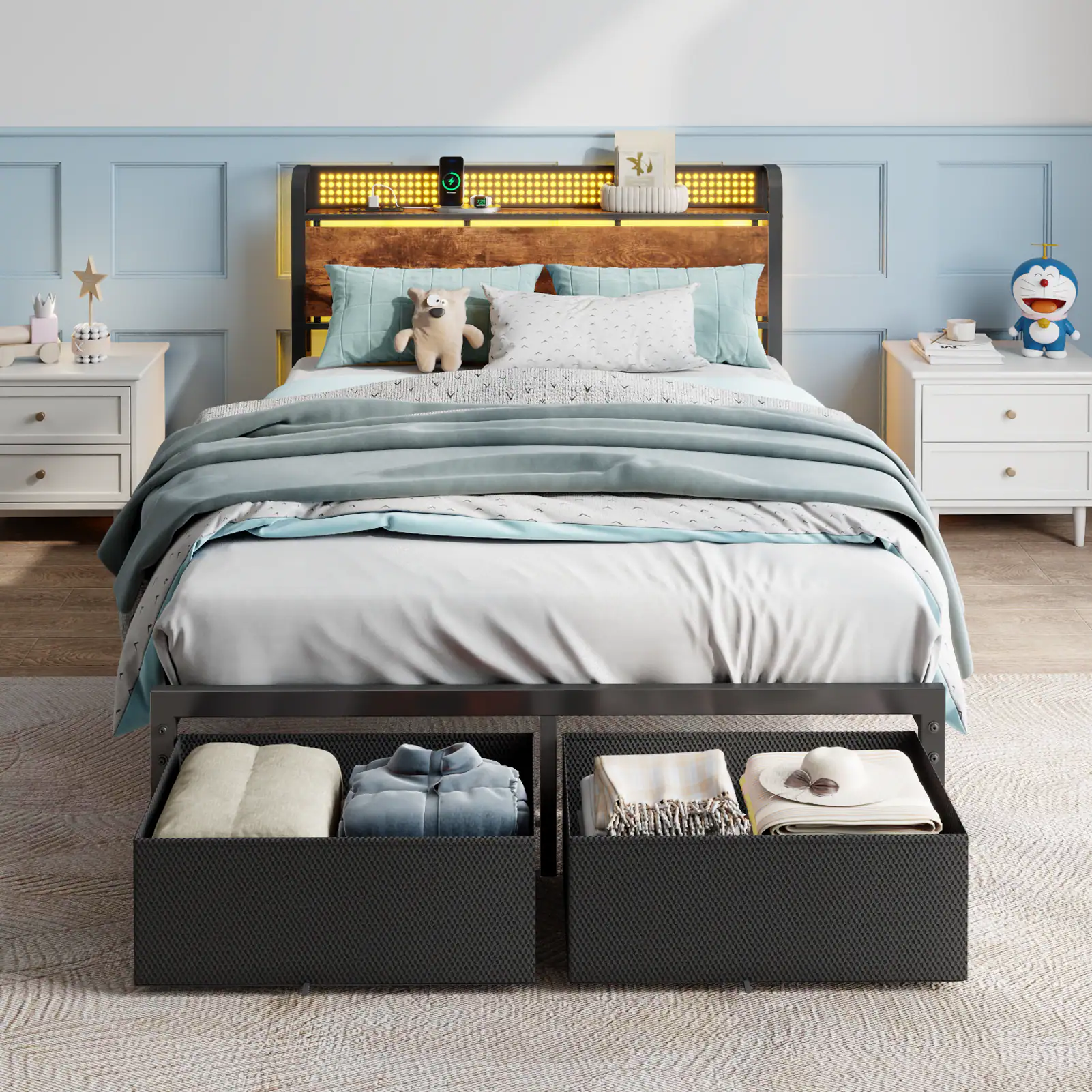 Angle. Furnulem - Bed Frame with 1 Underbed Drawers and Open Storage Headboard RGB LED Light and Charging Station - Brown.