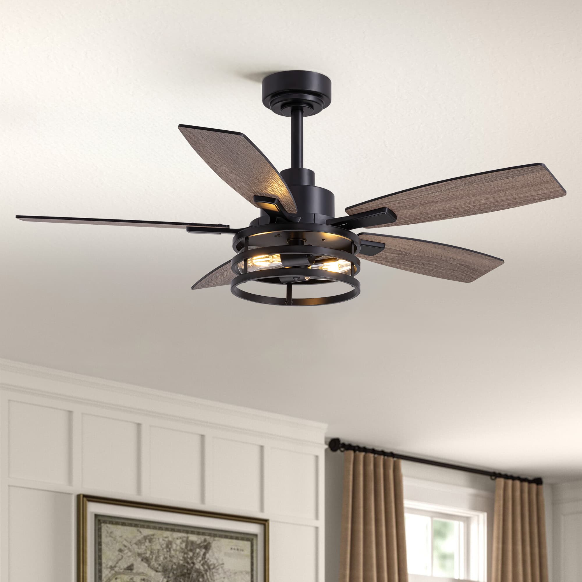 Front. Siljoy - 46-Inch Rustic Cage Ceiling Fan 5 Blades Industrial Metal Design App Remote Control for Living Room Bedroom Patio - Black.