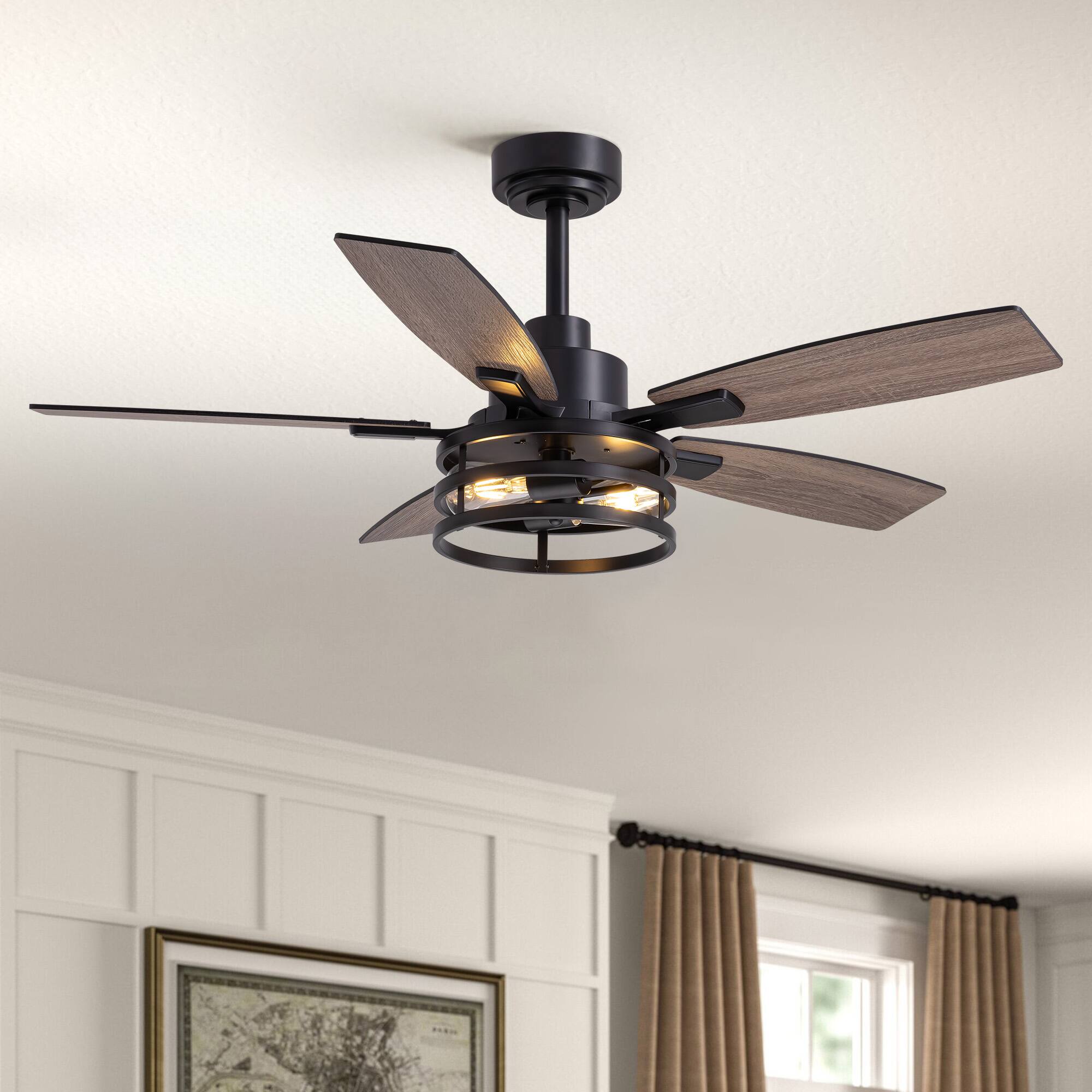 Front. Siljoy - 46-Inch Rustic Cage Ceiling Fan 5 Blades Industrial Metal Design App Remote Control for Living Room Bedroom Patio - Black.
