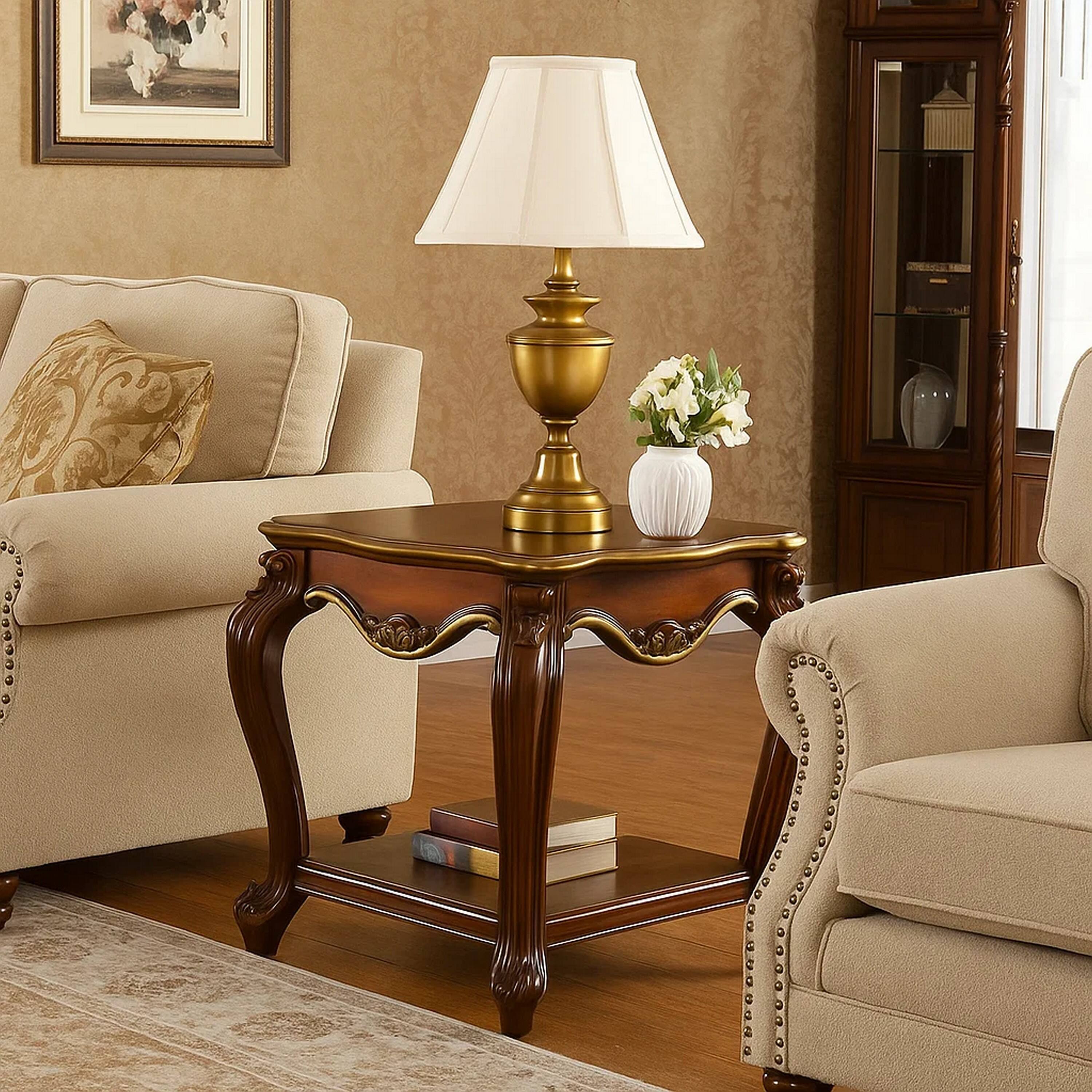 Alt View 6. Manhattan Lane - Wooden End Table with Open Bottom Shelf and Carved Details - Brown.