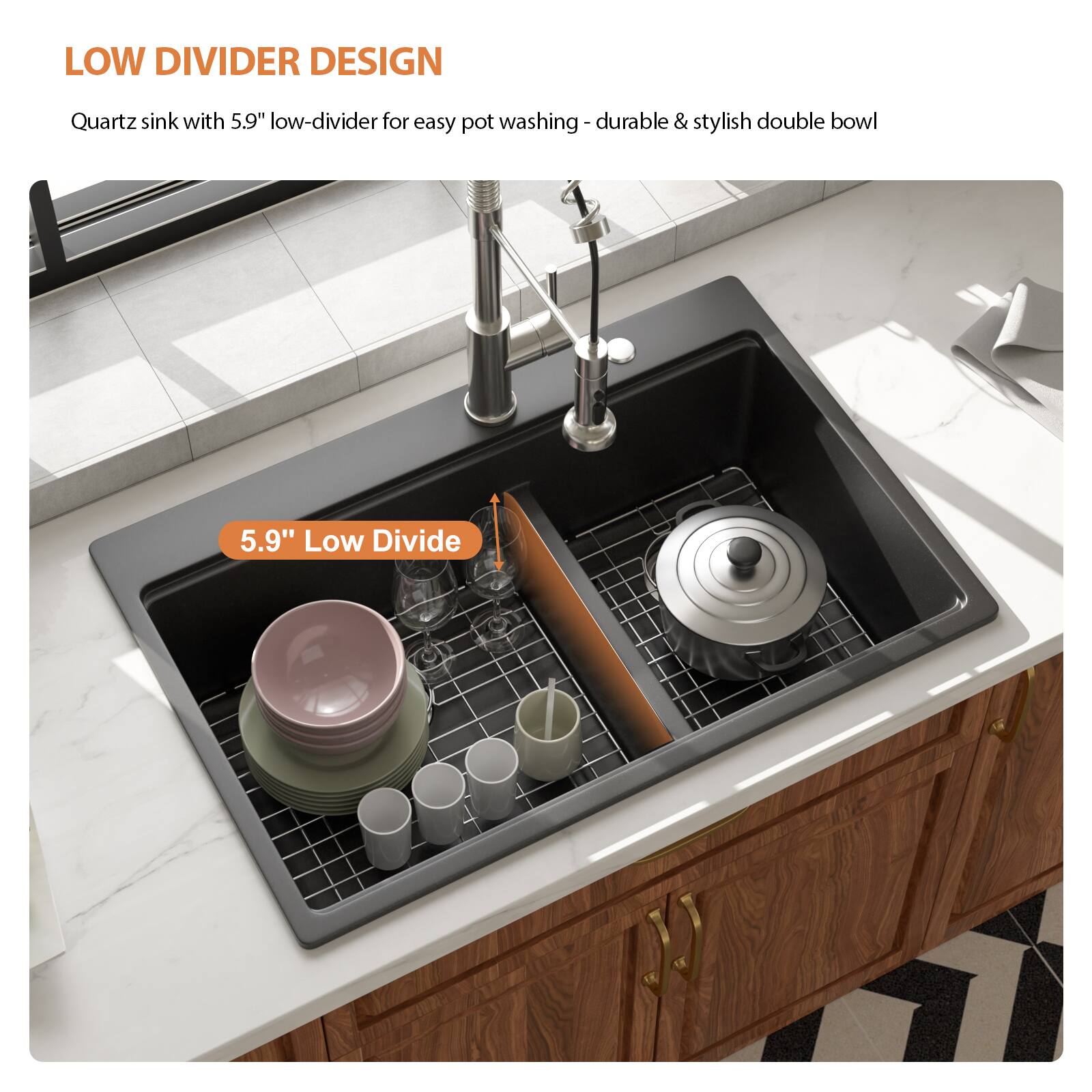LOW DIVIDER DESIGN

Quartz sink with 5.9" low-divider for easy pot washing - durable & stylish double bowl

5.9" Low Divider