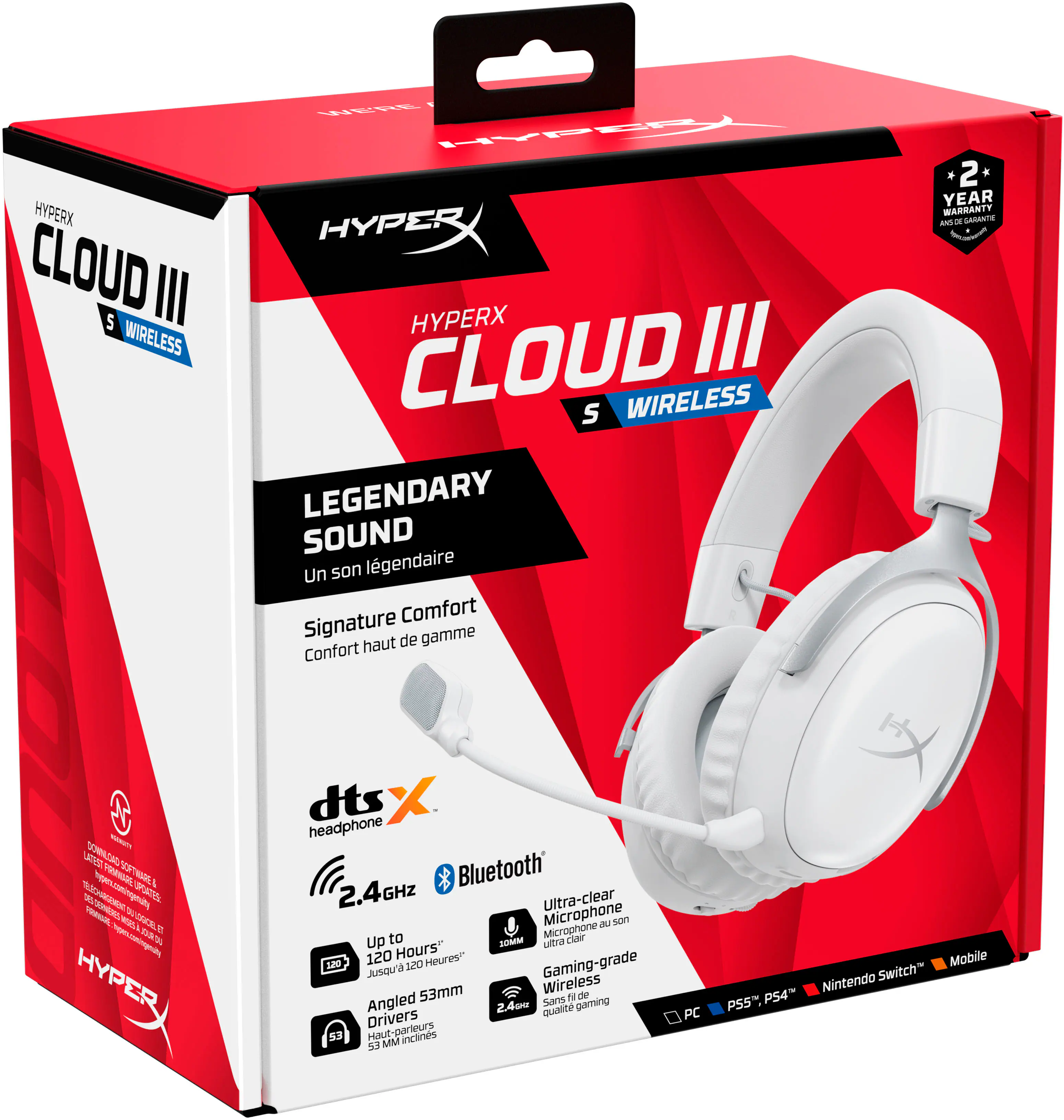 HyperX Cloud III 5 Wireless Legendary Sound Un son lgendaire Signature Comfort haut de gamme Confort 2 f YEAR WARRANTY Mn - GASSNTE su ue TENCA hprcian TONSSE SOTEISE 1   eghi UPSSL JOm N WE  T Gecgit  HYPER dts X headphone Bluetooth 2.4GHz Ultra-clear Microphone u son to Microphone clair Up SOMM uitra 120 Hours" Heures 10 Jusqua 120 Gaming-grade 53mm Wireless N de Angled 2.4ou Sans gaming 2 qualce Drivers 53 Haut-parleurs Haut inclines s MM PC Mobile Nintendo Switch PS5 PS4