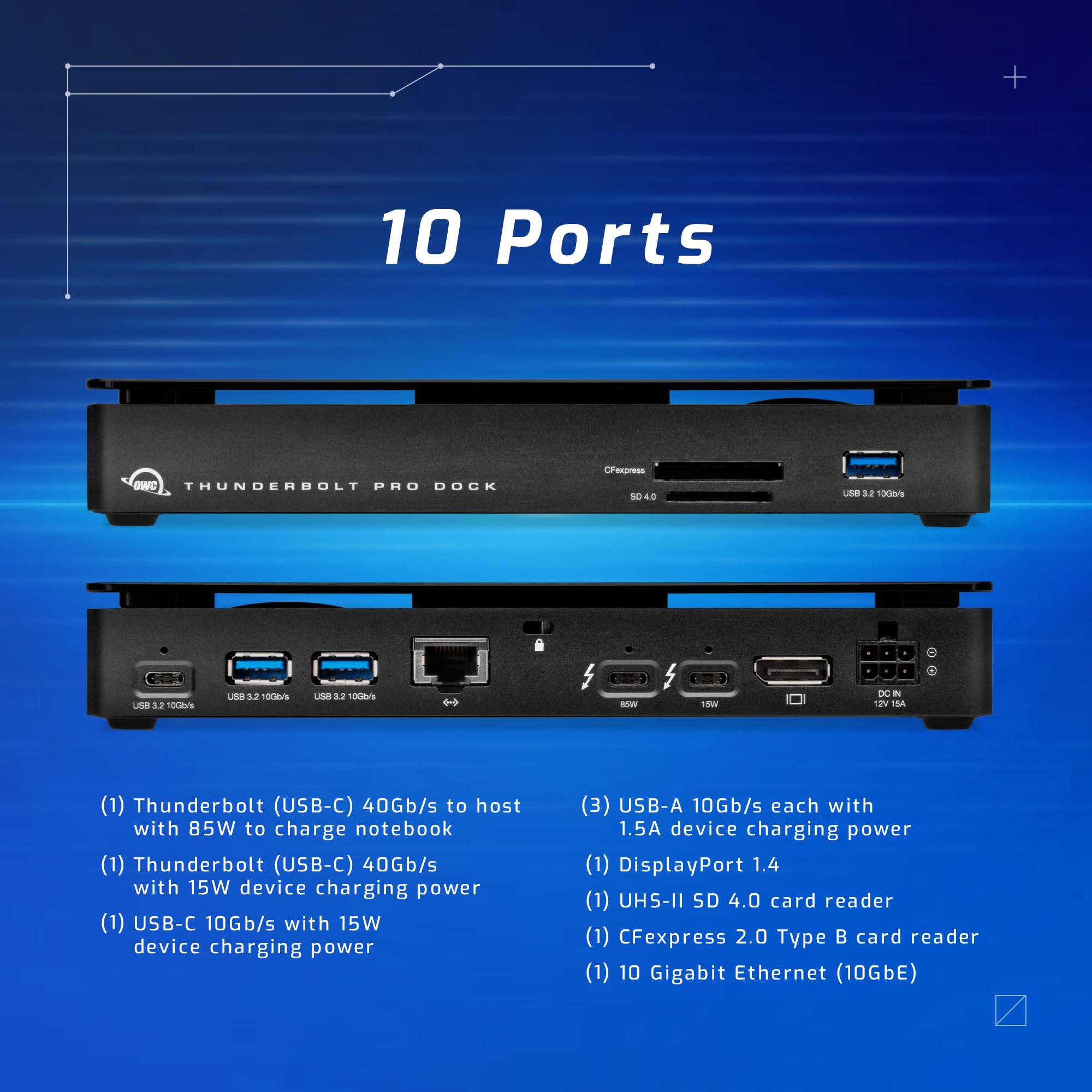 10 Ports

1) Thunderbolt (USB-C) 40Gb/s to host with 85W to charge notebook  
2) Thunderbolt (USB-C) 40Gb/s with 15W device charging power  
3) USB-C 10Gb/s with 15W device charging power  
4) USB-A 10Gb/s each with 1.5A device charging power  
5) DisplayPort 1.4  
6) UHS-II SD 4.0 card reader  
7) CFexpress 2.0 Type B card reader  
8) 10 Gigabit Ethernet (10GbE)