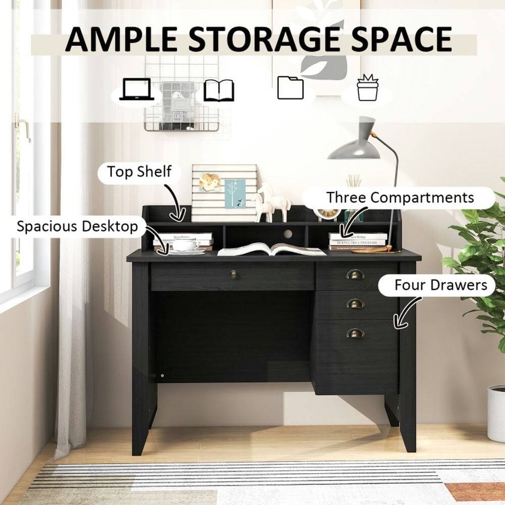 AMPLE STORAGE SPACE

- Top Shelf
- Spacious Desktop
- Three Compartments
- Four Drawers