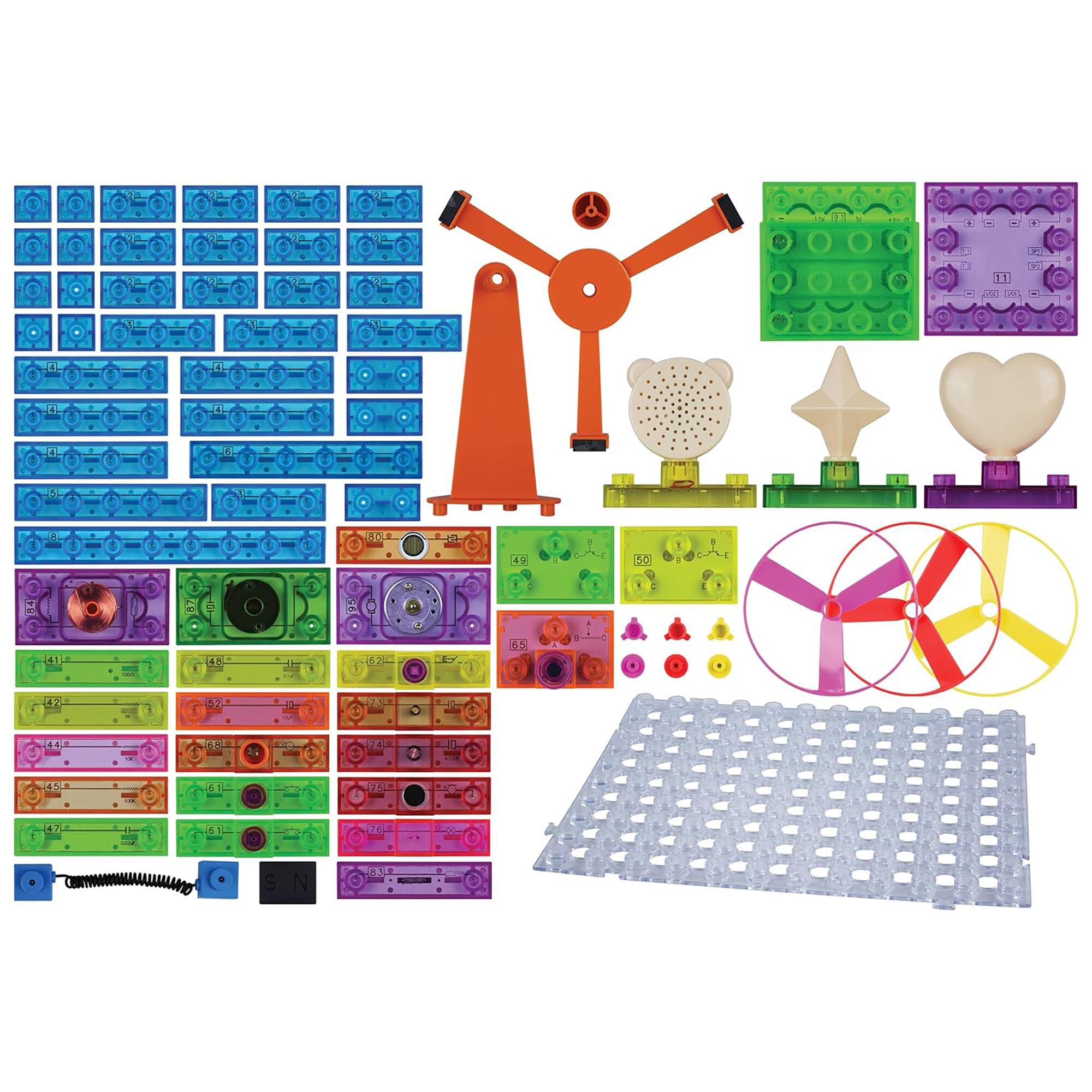 The image features a variety of Lego pieces, including a windmill, a clock, and a heart. There are also several other pieces, such as a fan, a bowl, and a cup. The pieces are arranged in a grid-like pattern, with some pieces placed on top of each other. The overall scene showcases the diverse range of Lego pieces and their potential for creative building and play.