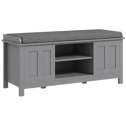 Front. Homcom - Entryway Shoe Bench Storage Ottoman with Sliding Doors, Adjustable Shelving, 6 Compartments, and Padded Seat - Gray.