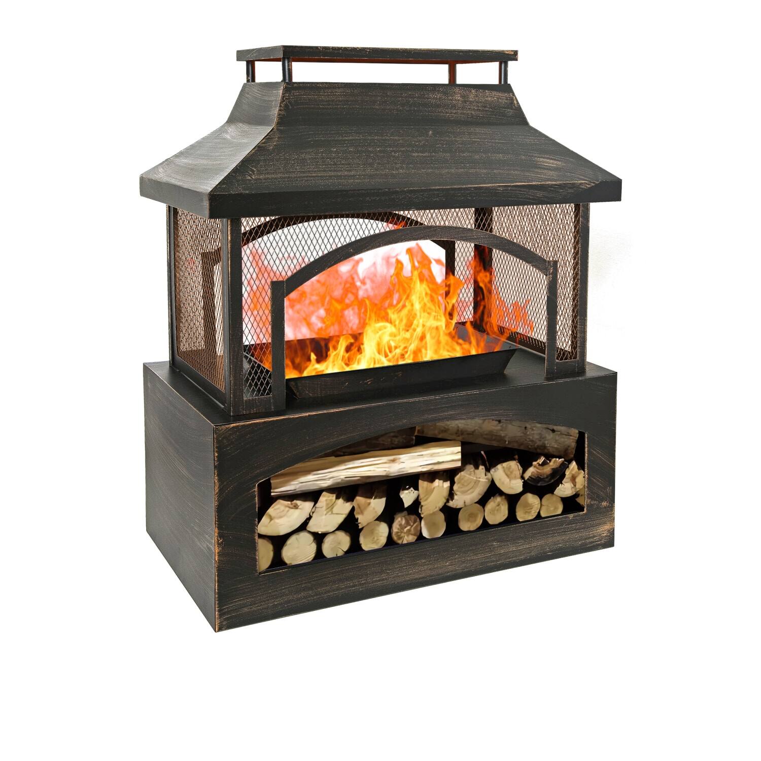 Alt View 2. Lirago - 37 Inch Bronze Rectangular Steel Wood Burning Fire Pit with Log Storage Outdoor Fireplace for Patio Backyard - Brown.