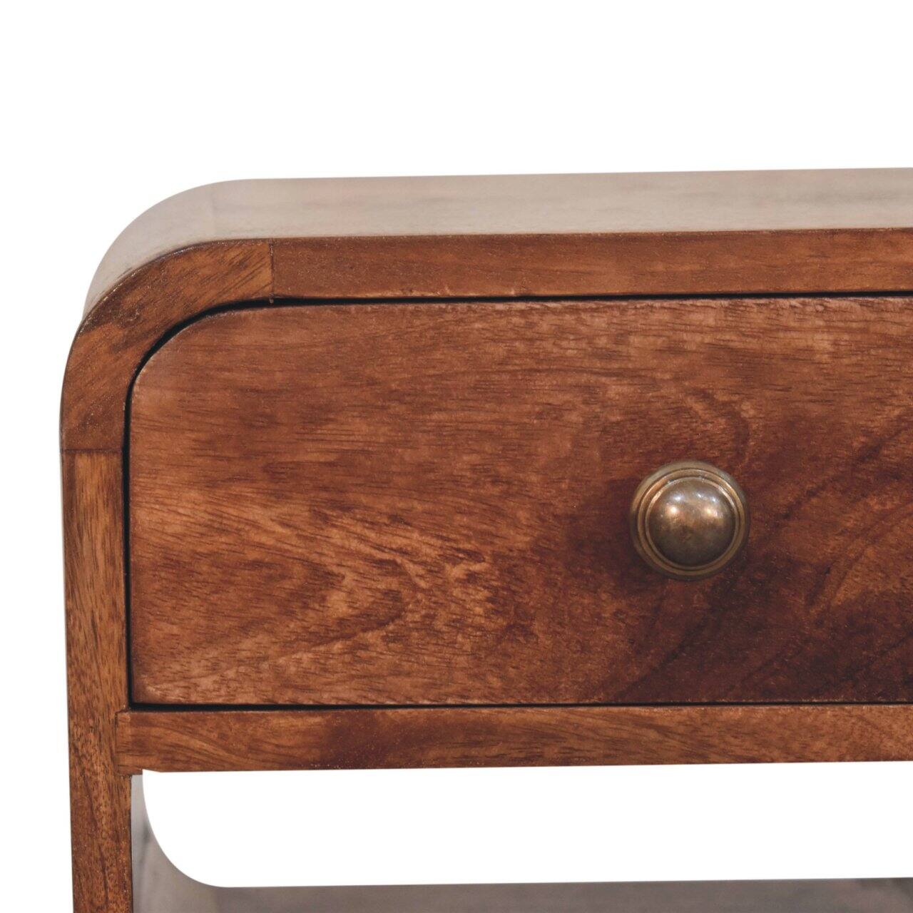 Alt View 1. Artisan Furniture - Artisan Furniture Solid Wood Mini Honey Caramel Curved Bedside, 1 Drawer, 1 Open Slot, Nordic Legs, Dark Brown - Caramel.