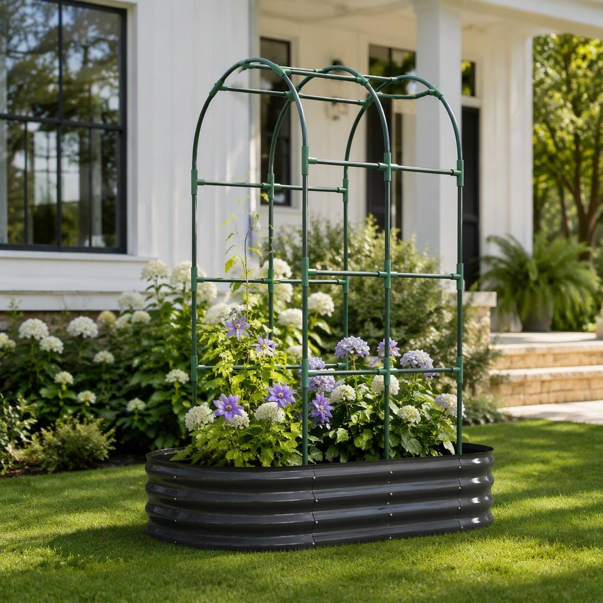 Angle. RYHNUYNE - Raised Garden Bed with Arch Trellis, 112 Gallon Galvanized Metal Planter Box, Dark Gray Modular Oval or Round - Dark Gray.