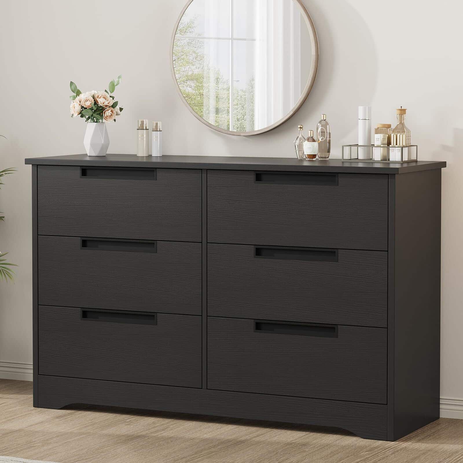 Acekool - 6 Drawer Dresser for Bedroom, Natural Modern Double Dresser Organizer with Embedded Handles Design - Black