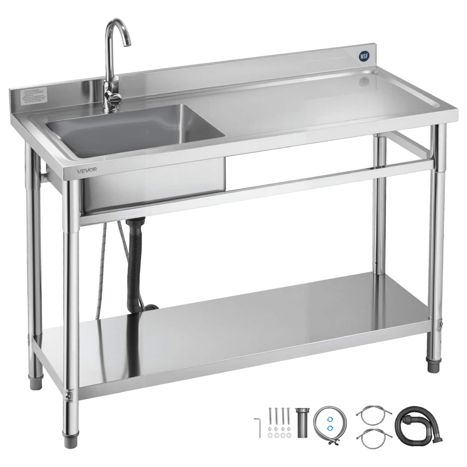 VEVOR - Stainless Steel Utility Sink, Free Standing Single Bowl Commercial Kitchen Sink with Faucet, Utility Right Basin - Stainless steel color