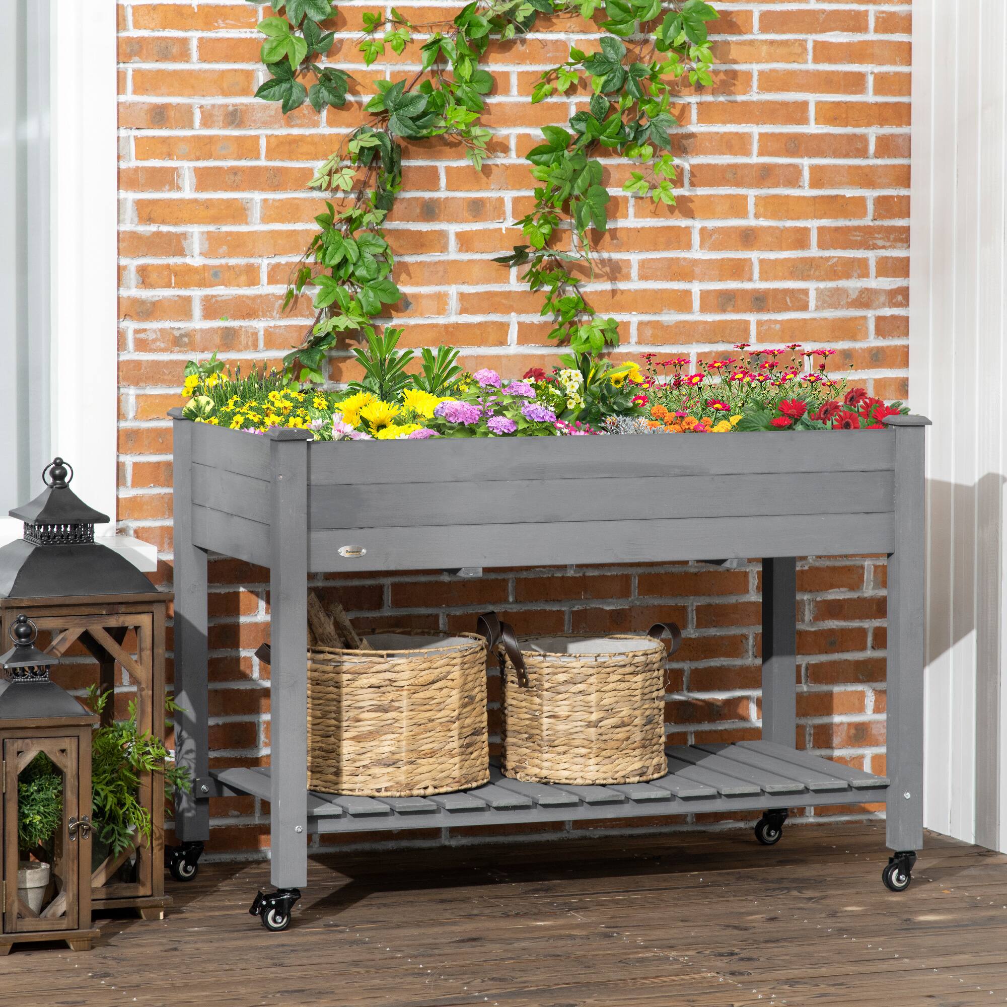 Alt View 1. Outsunny - Raised Garden Bed, 47" x 22" x 33", Elevated Wooden Planter Box w/ Lockable Wheels, Storage Shelf - Dark Gray.