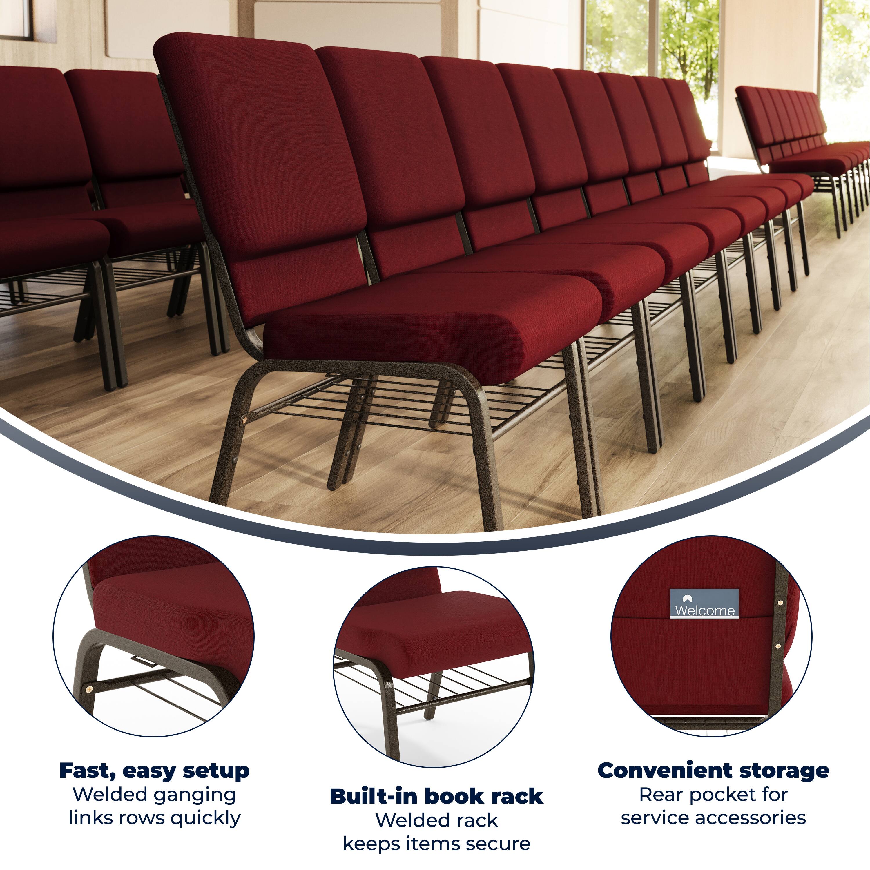 Welcome

Fast, easy setup  
Welded ganging links rows quickly

Built-in book rack  
Welded rack keeps items secure

Convenient storage  
Rear pocket for service accessories