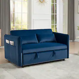 Tiramisubest - 3 in 1 Convertible Sleeper Futon Sofa Bed,55" Velvet Loveseat with 2 Pillows,Reclining Backrest & Side Pockets - Blue