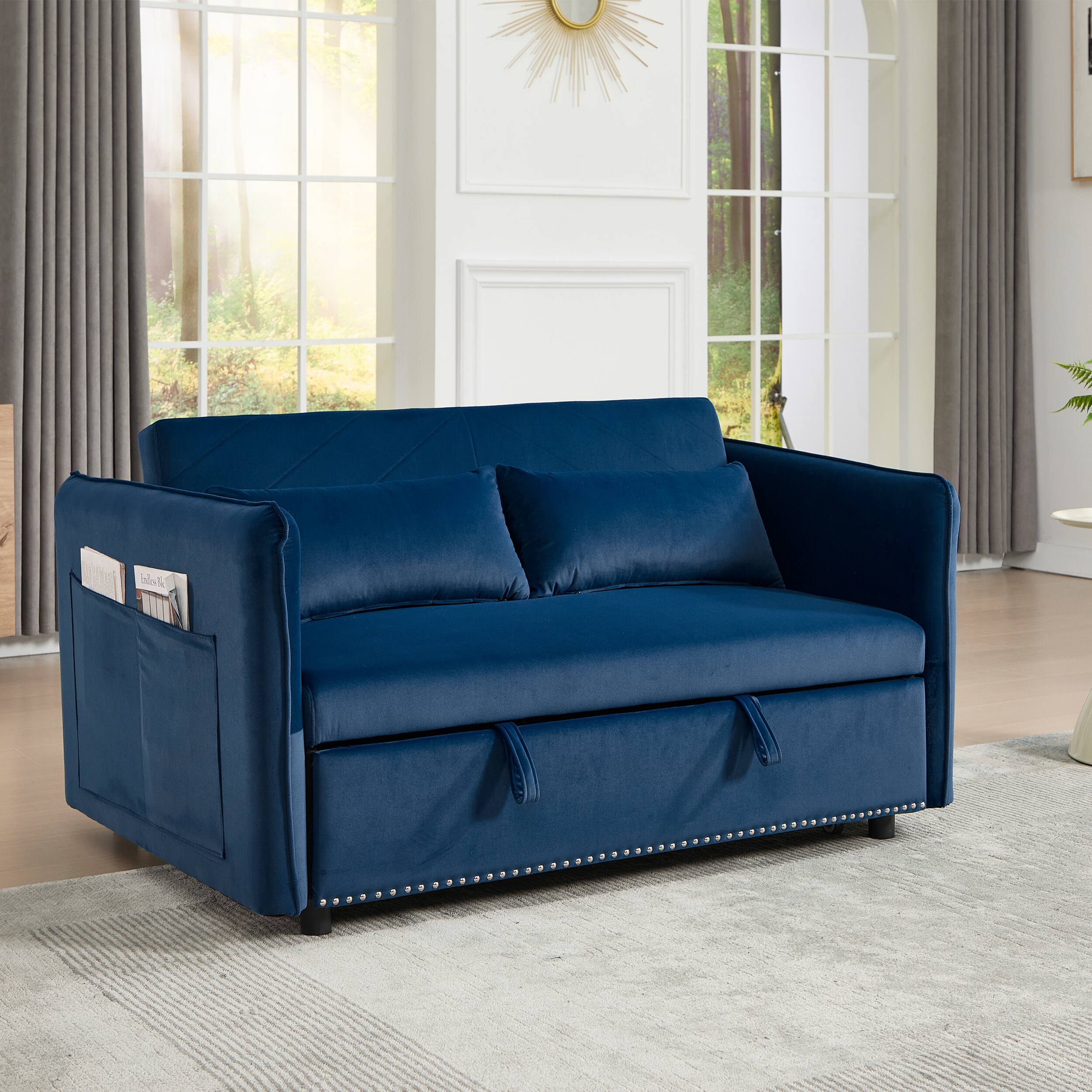 Front. Tiramisubest - 3 in 1 Convertible Sleeper Futon Sofa Bed,55" Velvet Loveseat with 2 Pillows,Reclining Backrest & Side Pockets,Blue - Blue.
