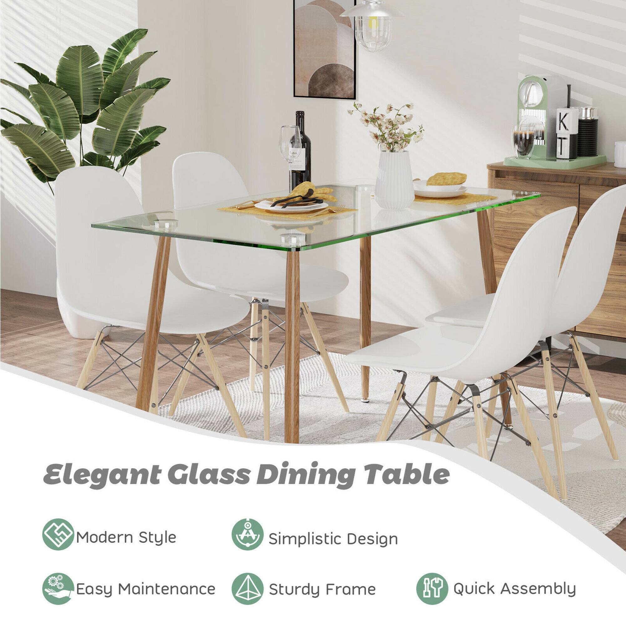 The text on the image is grouped as follows:

1. Elegant Glass Dining Table
2. Modern Style
3. Simplistic Design
4. Easy Maintenance
5. Sturdy Frame
6. 17 Quick Assembly