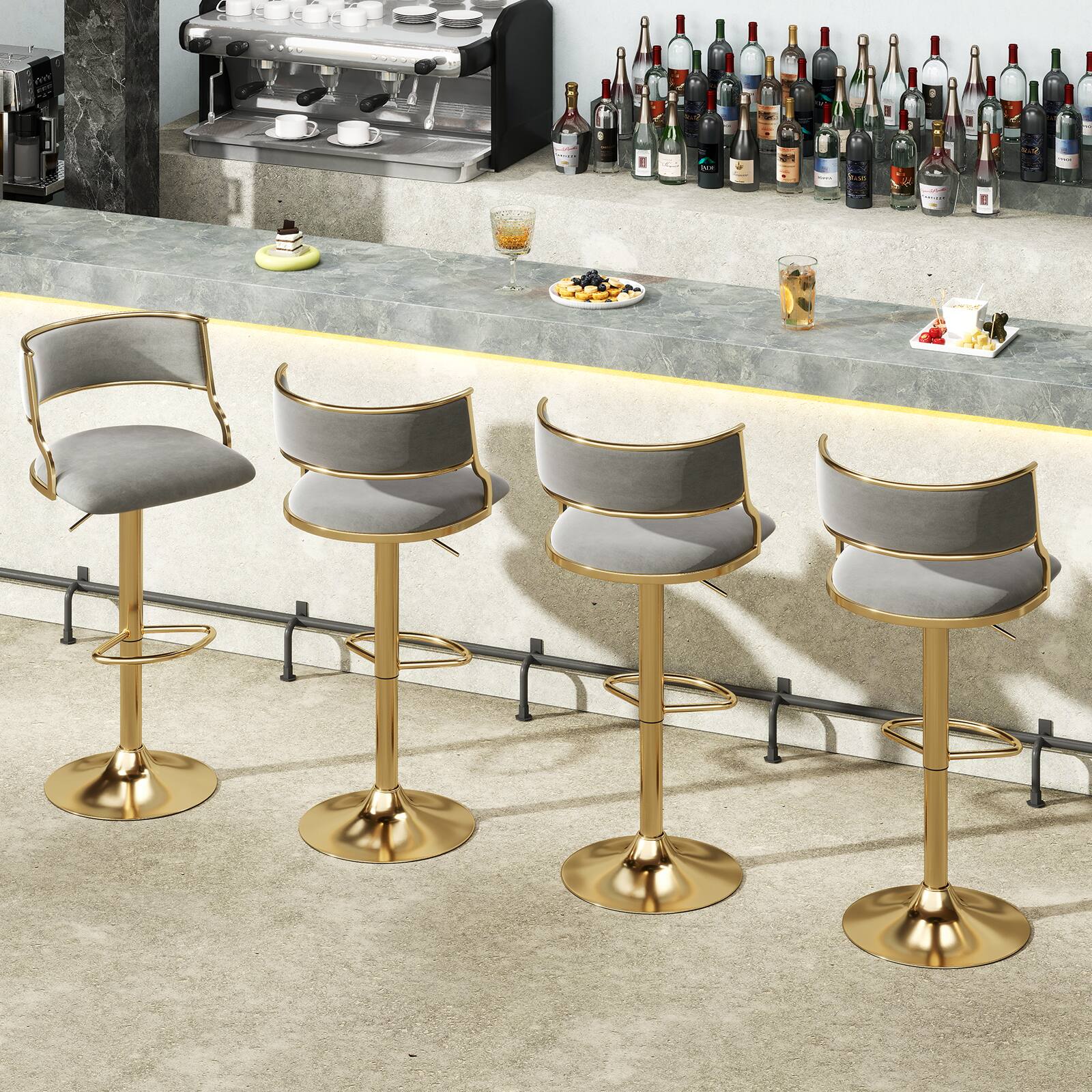 Alt View 1. Gymax - Gymax Swivel Bar Stool Set of 4 w/ Barrel Back & Footrest Metal Base for Home Bar - Grey + Gold.