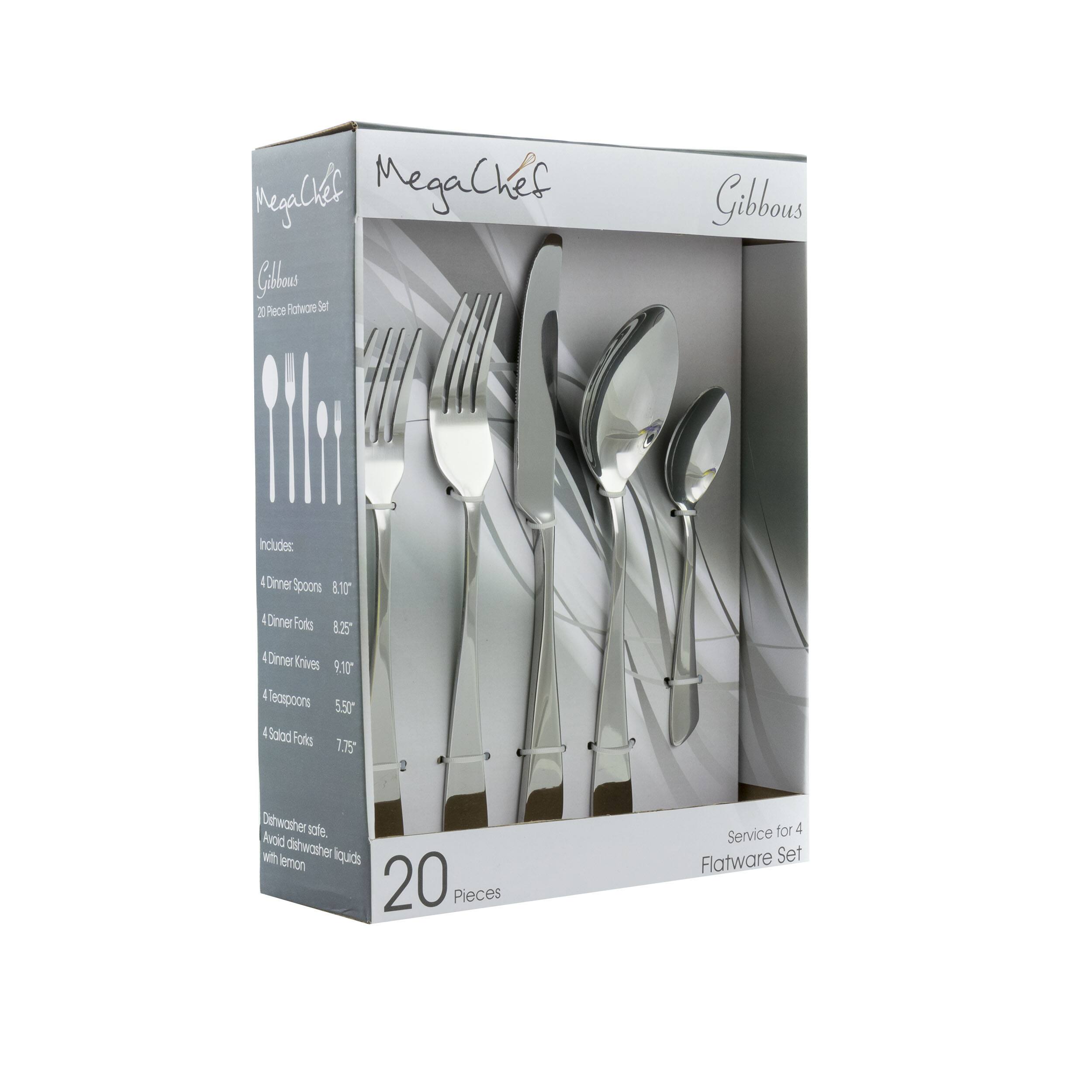 MegaChef - Gibbous 20 Piece Flatware Utensil Set, Stainless Steel Silverware Metal Service for 4 - Silver