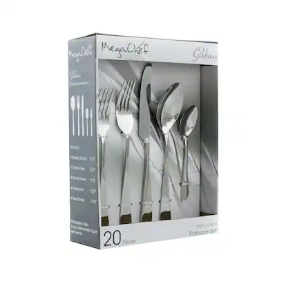 MegaChef Gibbous 20 Piece Flatware Set includes 4 Dinner Spoons 8.10" 4 Dinner Forks 8.25 4 Dinner Knives 9.10 4 Teaspoons 5.50 4 Salad Forks 7.75 Gibbous Dishwasher safe. Avoid dishwasher liquids 20 Pieces Service for 4 Flatware Set