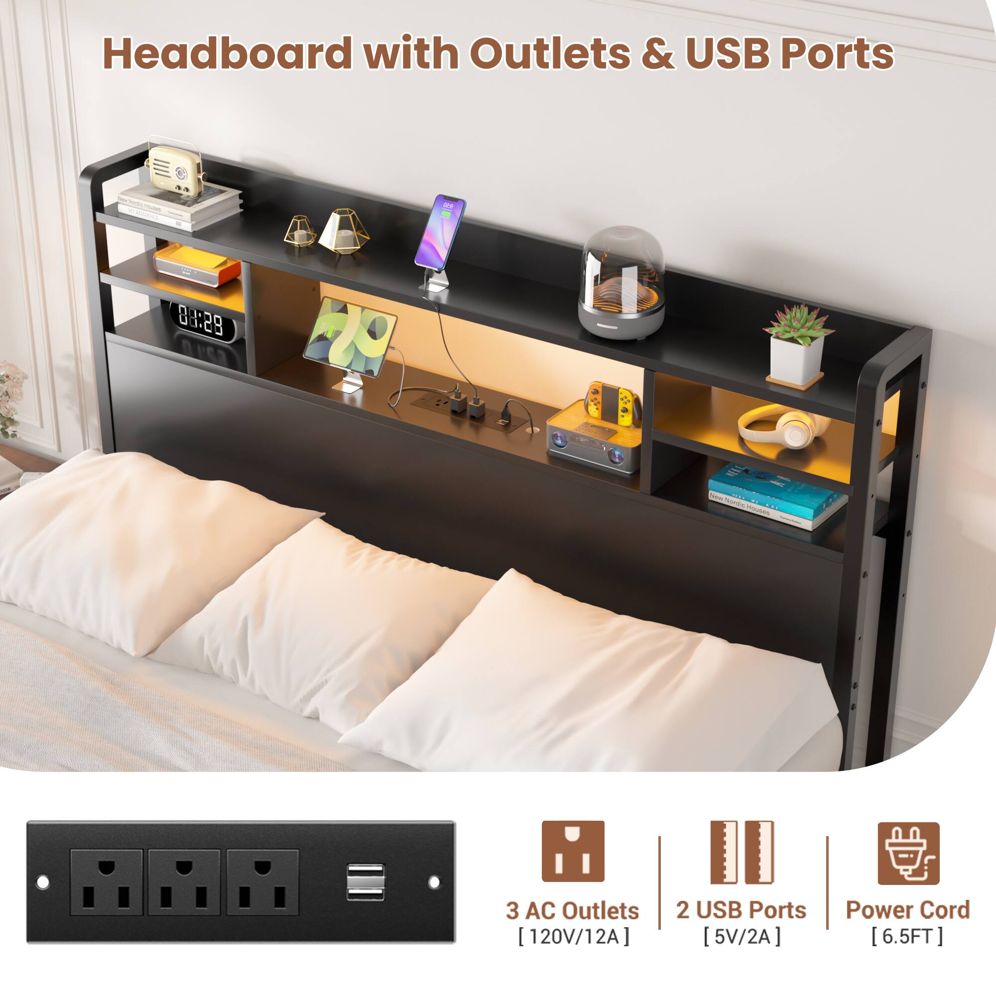 Headboard with Outlets & USB Ports

- 3 AC Outlets [120V/12A]
- 2 USB Ports [5V/2A]
- Power Cord [6.5FT]