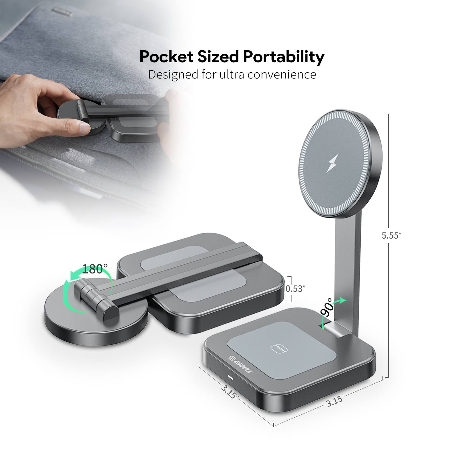 Pocket Sized Portability  
Designed for ultra convenience  

5.55"  
0.53"  
3.15"  
180°  
90°