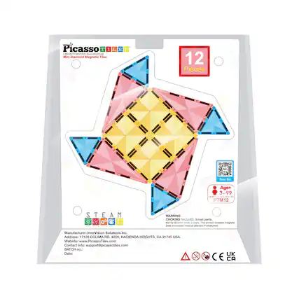 Picasso Tiles
Creativity Beyond Imagination
Mini Diamond Magnetic Tiles
12 Pieces
Scan Me
Ages 3-99
PTM12
STEAM
WARNING
CHOKING HAZARD
Small parts. Not for children under 3 years. This product contains magnets. Seek immediate medical attention if swallowed.
Manufacturer: InnoVision Solutions Inc.
Address: 17128 COLIMA RD. #209, HACIENDA HEIGHTS, CA 91745 USA.
Website: www.picassotiles.com
Contact info: support@picassotiles.com
BATCH no.: Date:
UK CE CA