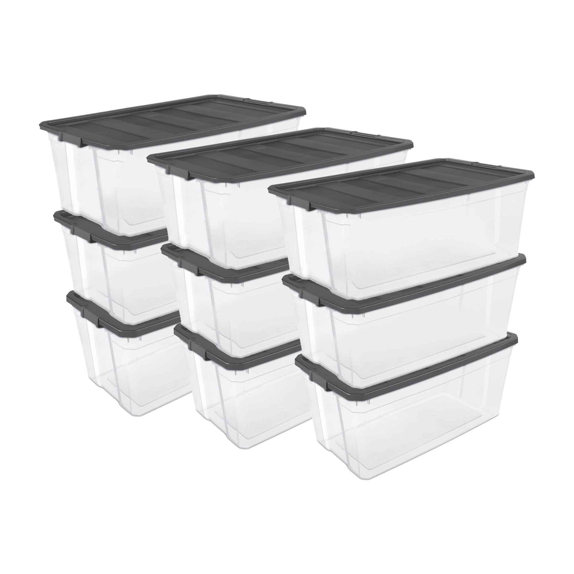 Front. Sterilite - Sterilite 200 Quart Clear Stackable Latching Storage Box Container, Grey, 9 Pack.