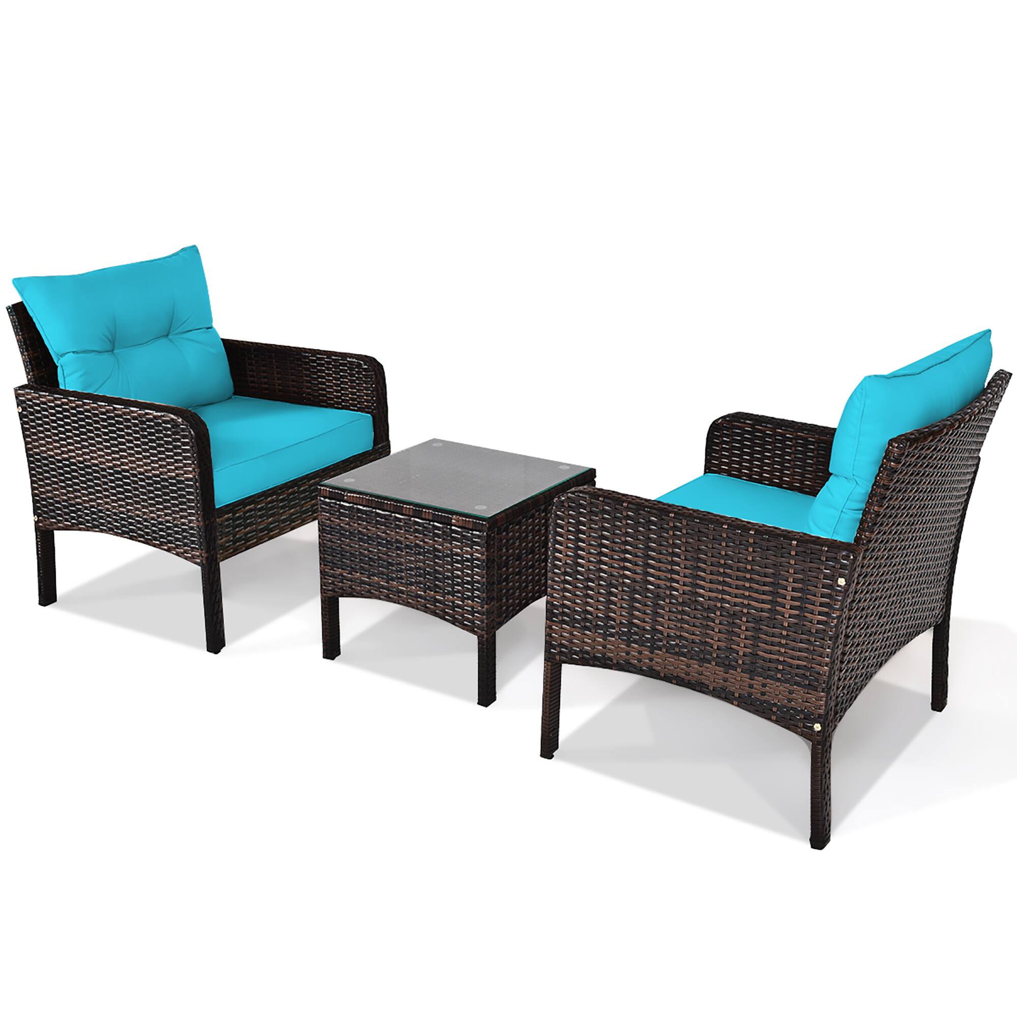 Back. Costway - 3PCS Outdoor Rattan Conversation Set Patio Garden Cushioned Sofa Chair - Turquoise.
