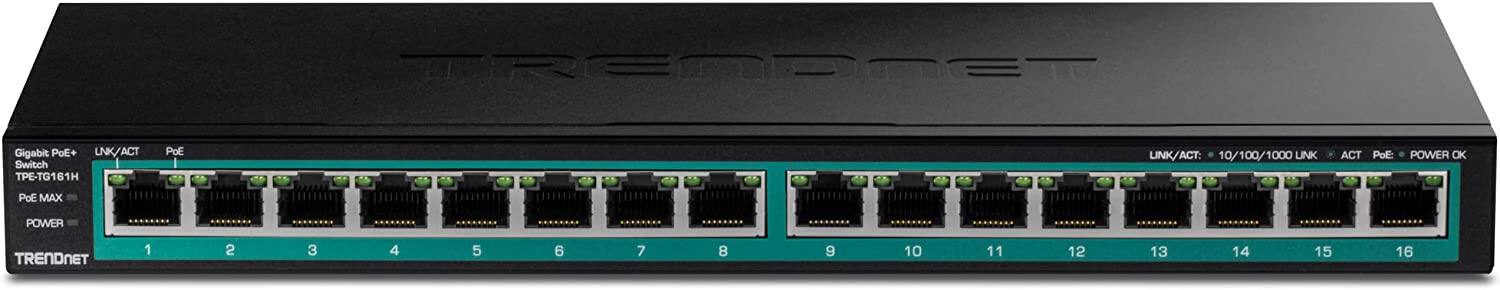 TRENDnet Gigabit PoE+ Switch TPE-TG161H  
PoE UNK/ACT: 10/100/1000 LINK ACT  
PoE: POWER OK  
PoE MAX POWER  
1 2 3 4 5 6 7 8 9 10 11 12 13 14 15 16
