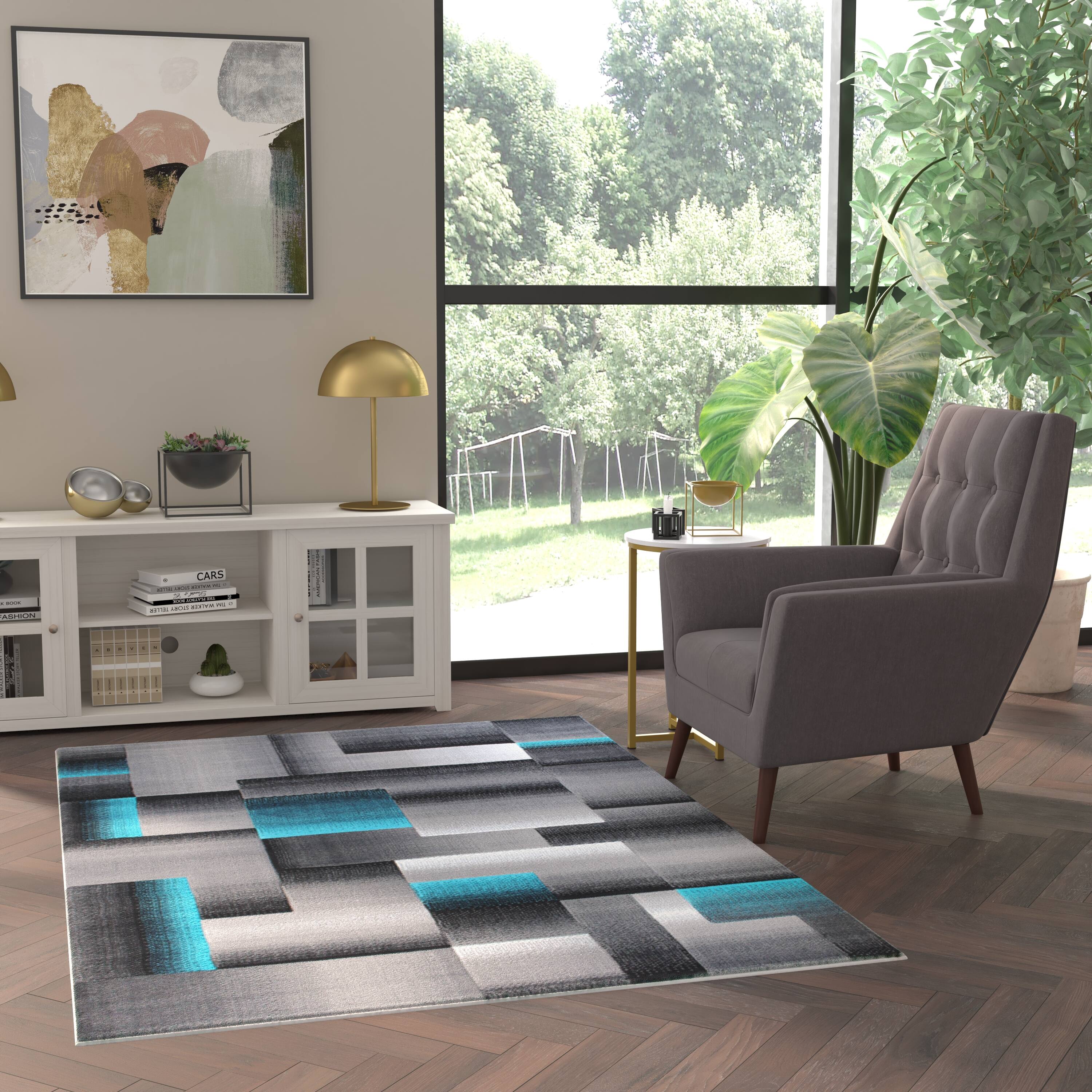 Emma + Oliver - Malaga Modern Cubist Olefin Accent Runner Rug in Gradient Shades with Natural Jute Backing - Turquoise