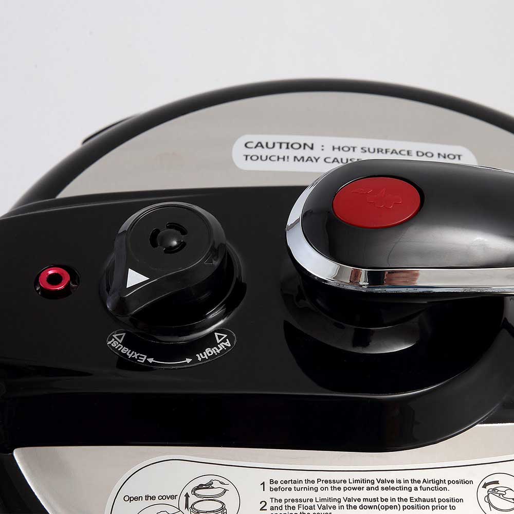 CAUTION: HOT SURFACE DO NOT TOUCH! MAY CAUSE INJURY

1. Be certain the Pressure Limiting Valve is in the Airtight position before turning on the power and selecting a function.
2. The pressure Limiting Valve must be in the Exhaust position and the Float Valve in the down (open) position prior to opening the cover.

Open the cover

- Keep
- Turn