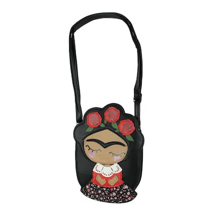 Front. Things2Die4 - Adorable Black Vinyl Mexican Girl With Flower Crown Crossbody Bag - Multicolored.