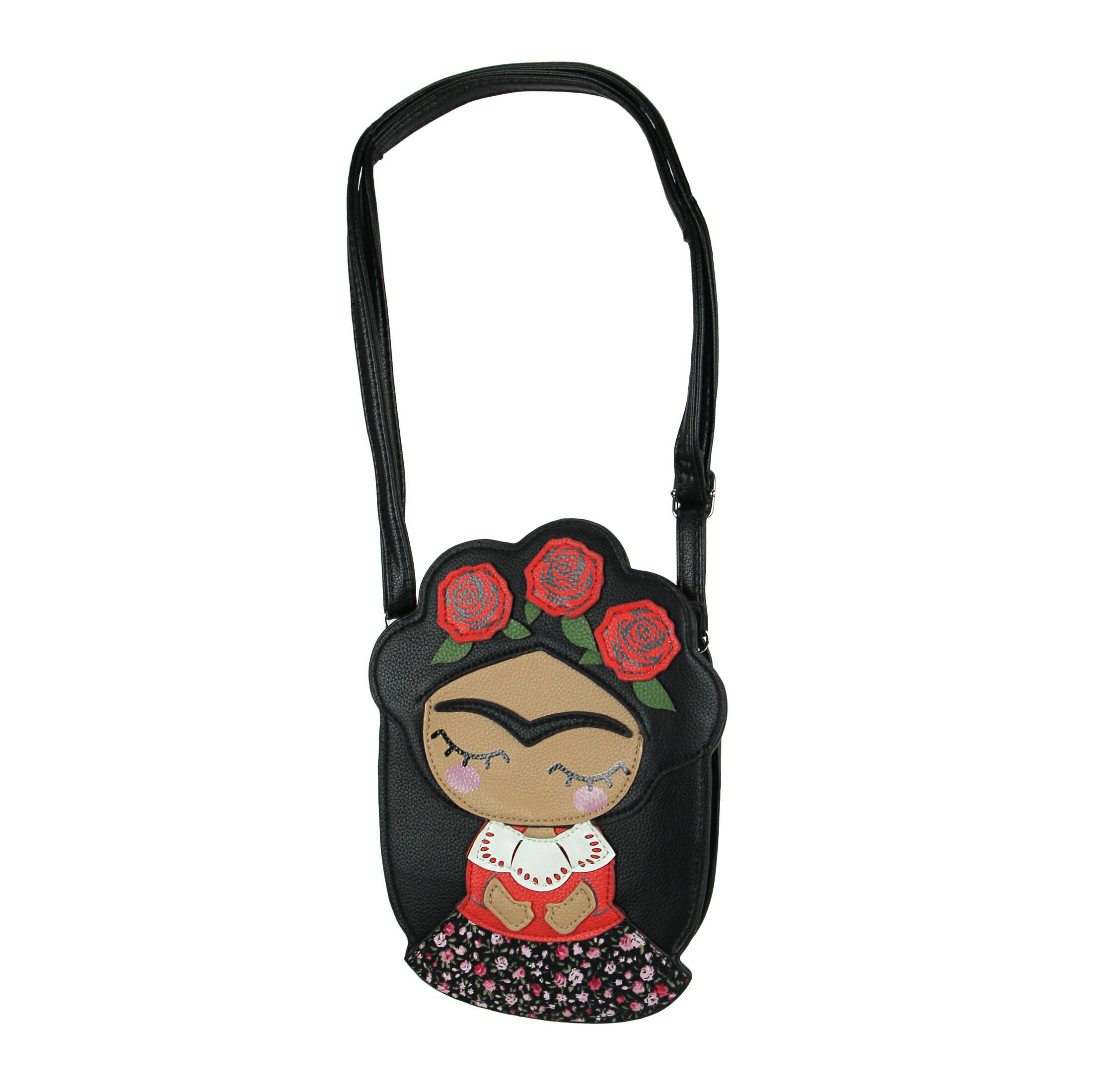 Front. Things2Die4 - Adorable Black Vinyl Mexican Girl With Flower Crown Crossbody Bag - Multicolored.