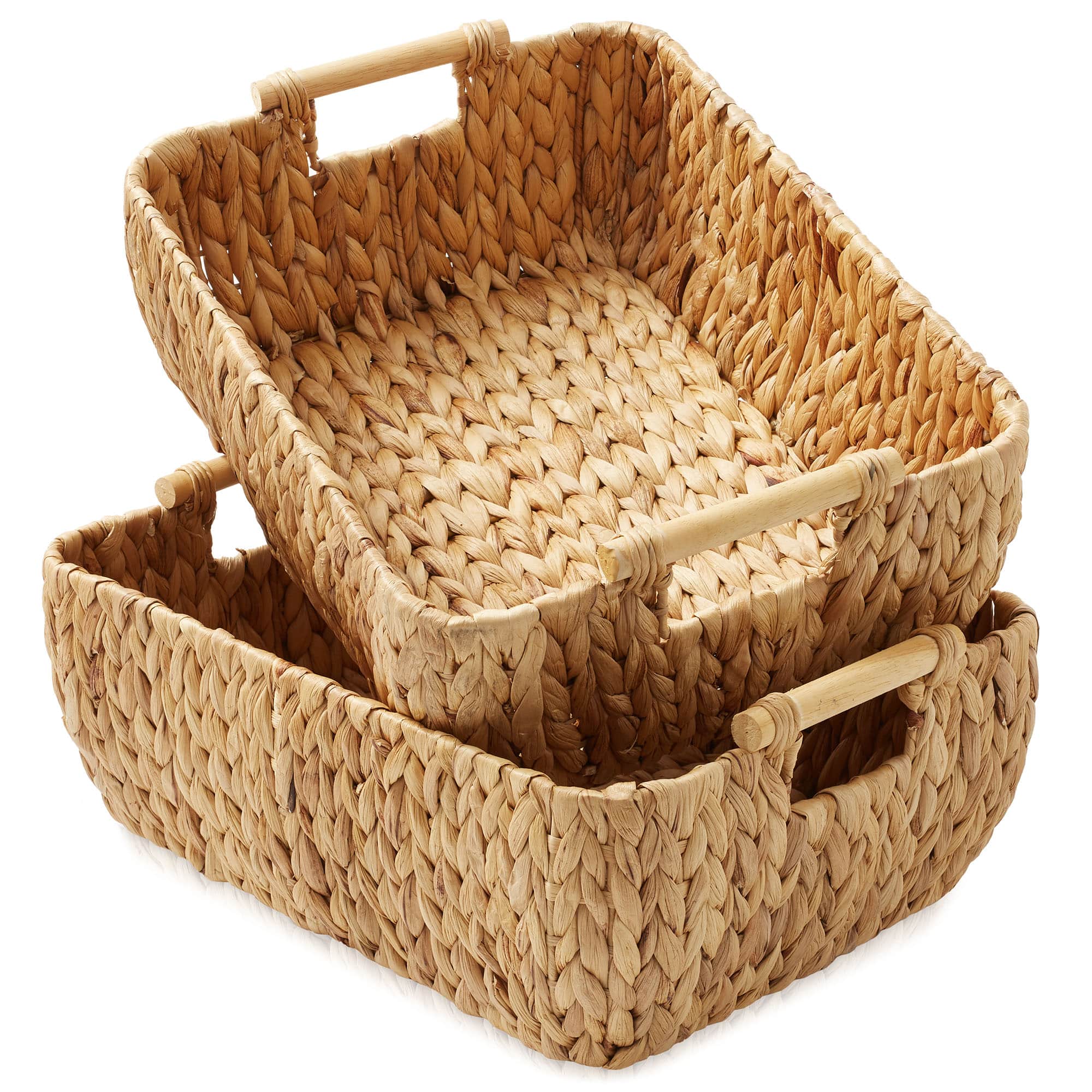Casafield - Hyacinth Seagrass Oval Storage Baskets with Wooden Handles - Woven Bins - Natural - Hyacinth