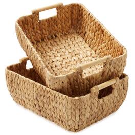Casafield - Hyacinth Seagrass Oval Storage Baskets with Wooden Handles - Woven Bins - Natural - Hyacinth