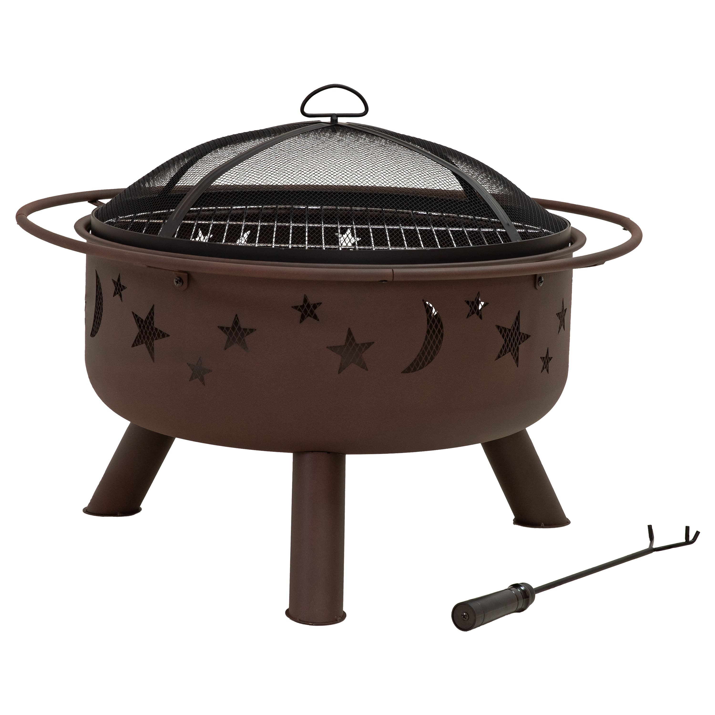 Sunnydaze - 30 in Cosmic Steel Fire Pit with Spark Screen, Poker, and Grate - Bronze