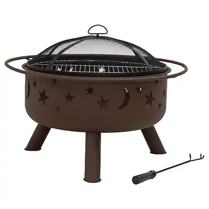 Front. Sunnydaze - 30 in Cosmic Steel Fire Pit with Spark Screen, Poker, and Grate - Bronze.