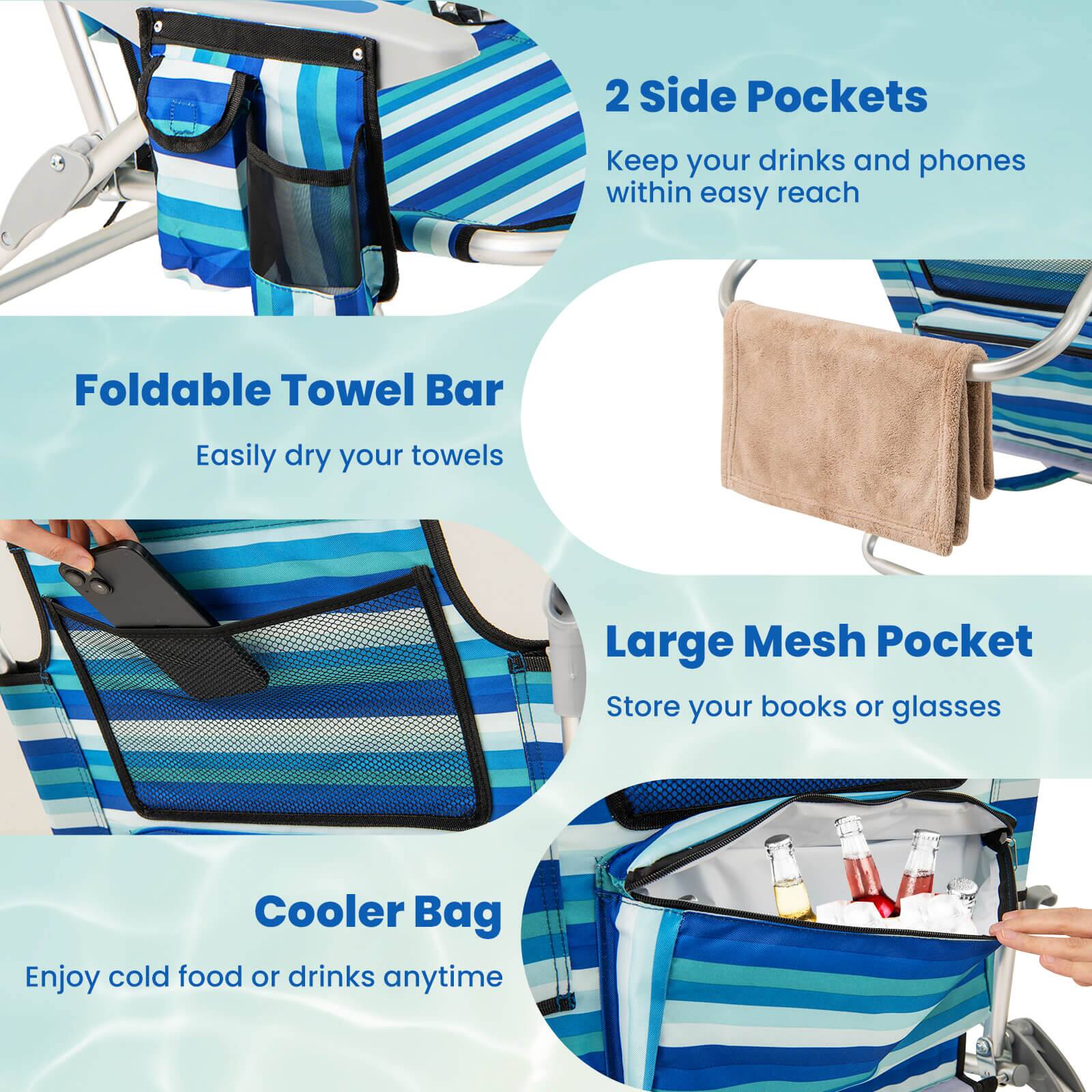 - 2 Side Pockets
  - Keep your drinks and phones within easy reach

- Foldable Towel Bar
  - Easily dry your towels

- Large Mesh Pocket
  - Store your books or glasses

- Cooler Bag
  - Enjoy cold food or drinks anytime