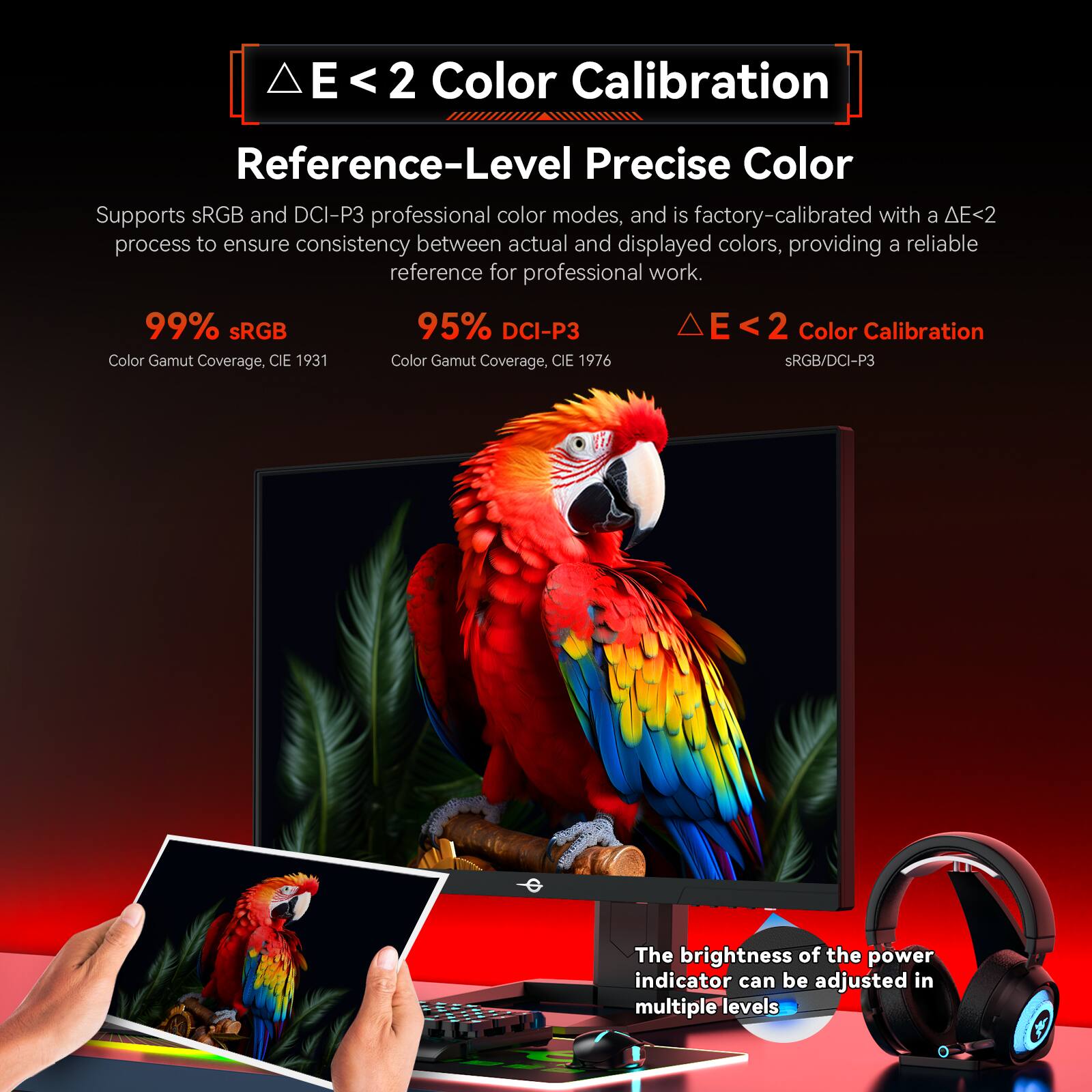 E E<2 < 2 Color Calibration Reference-Level Precise Color Supports SRGB and DCI-P3 professional color modes, and is factory-calibrated with a <2 process to ensure consistency between actual and displayed colors, providing a reliable reference for professional work. 99% sRGB 95% DCI-P3 A E < 2 Color Calibration Color Gamut Coverage, CE 1931 Color Gamut Coverage, CIE 1976 sRGB/DCI-P3 The brightness of the power indicator can be adjusted in multiple levels.