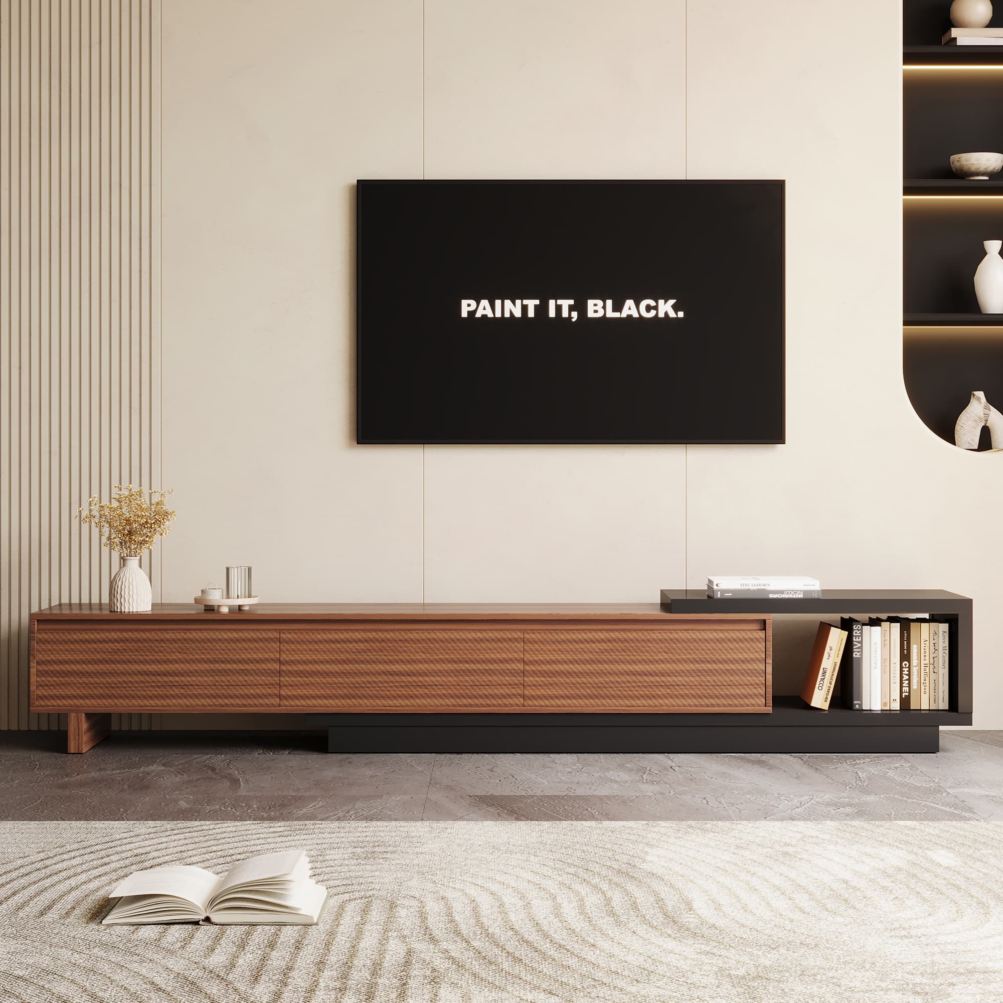 luck idea - Extendable TV Stand 78.74"-102.3" with 3 Drawers, Textured Front Modern Media Console for Living Room - Walnut Color+Gray