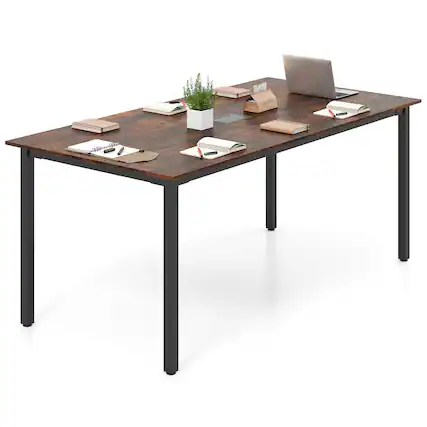 Front. Gymax - Gymax 71'' x 35.5'' Large Office Table w/ Cable Grommet Sturdy Metal Legs for Boardroom - Rustic Brown, Black.