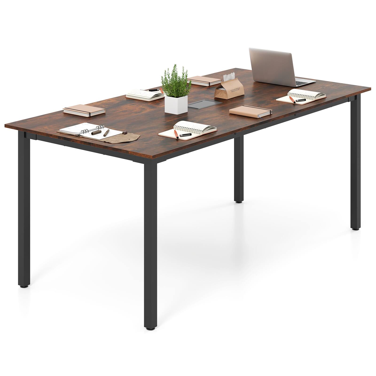 Front. Gymax - Gymax 71'' x 35.5'' Large Office Table w/ Cable Grommet Sturdy Metal Legs for Boardroom - Rustic Brown, Black.